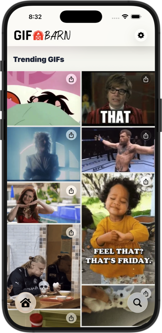 GIFBarn showing trending GIFs on iPhone