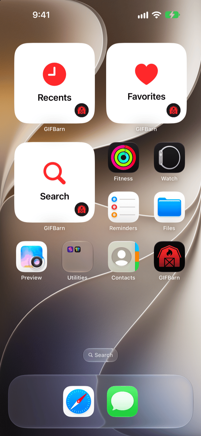 GIFBarn Search, Favorites, and Recents widgets on an iPhone Home Screen