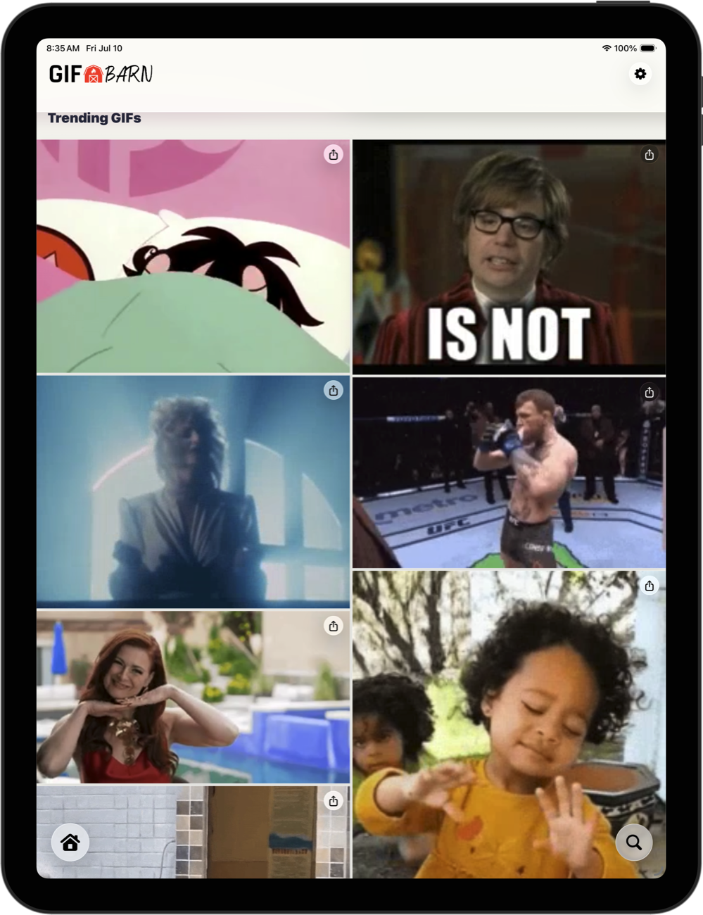 GIFBarn showing trending GIFs on iPad