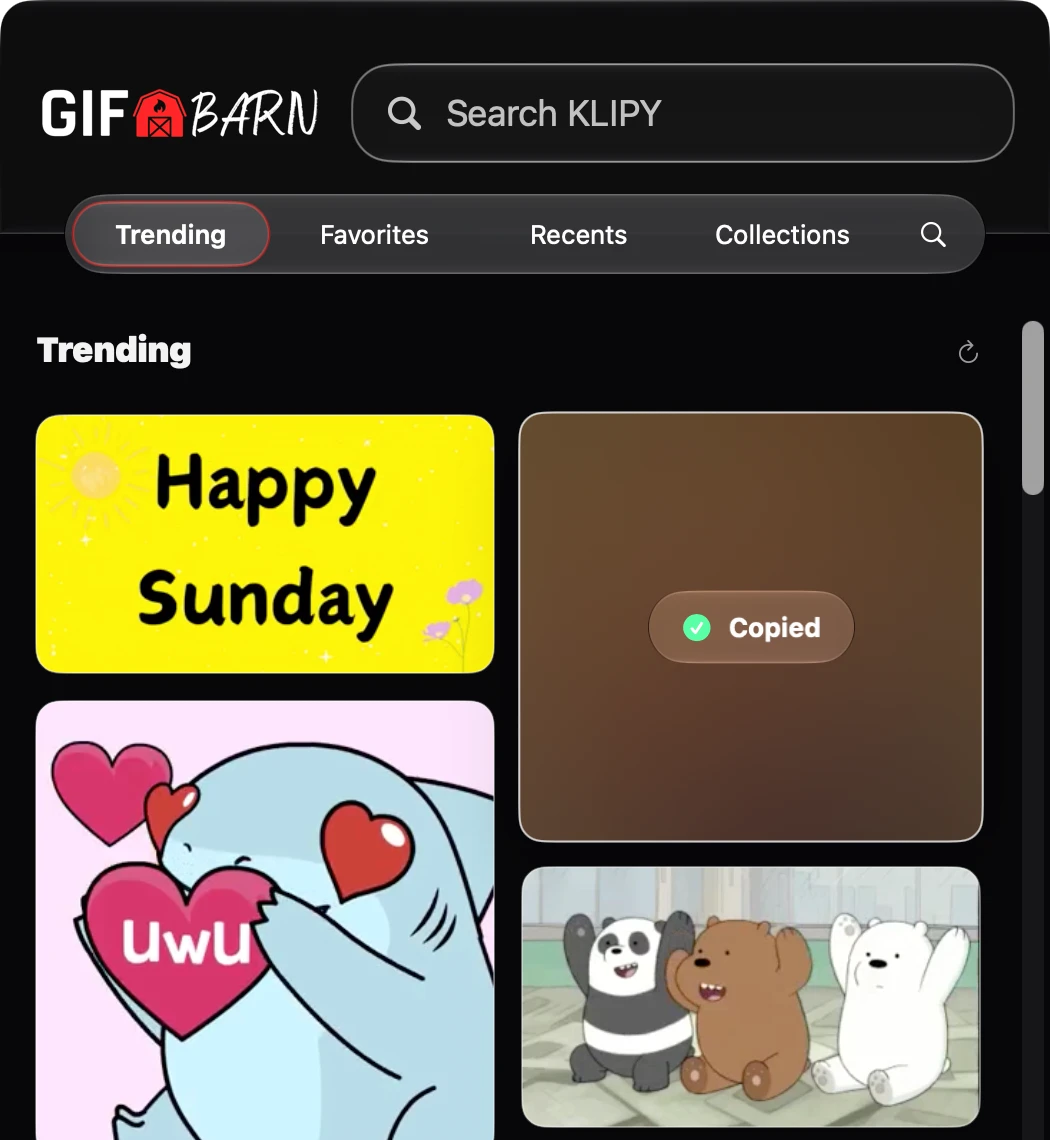 GIFBarn for Mac showing a Copied confirmation on a trending GIF