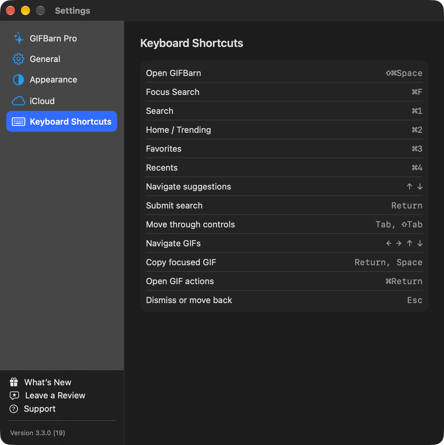 GIFBarn for Mac keyboard shortcuts settings